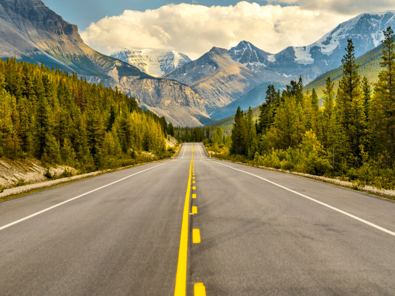 Mountan highway with a solid yellow and dashed yellow line. Skid and tire marks on the road