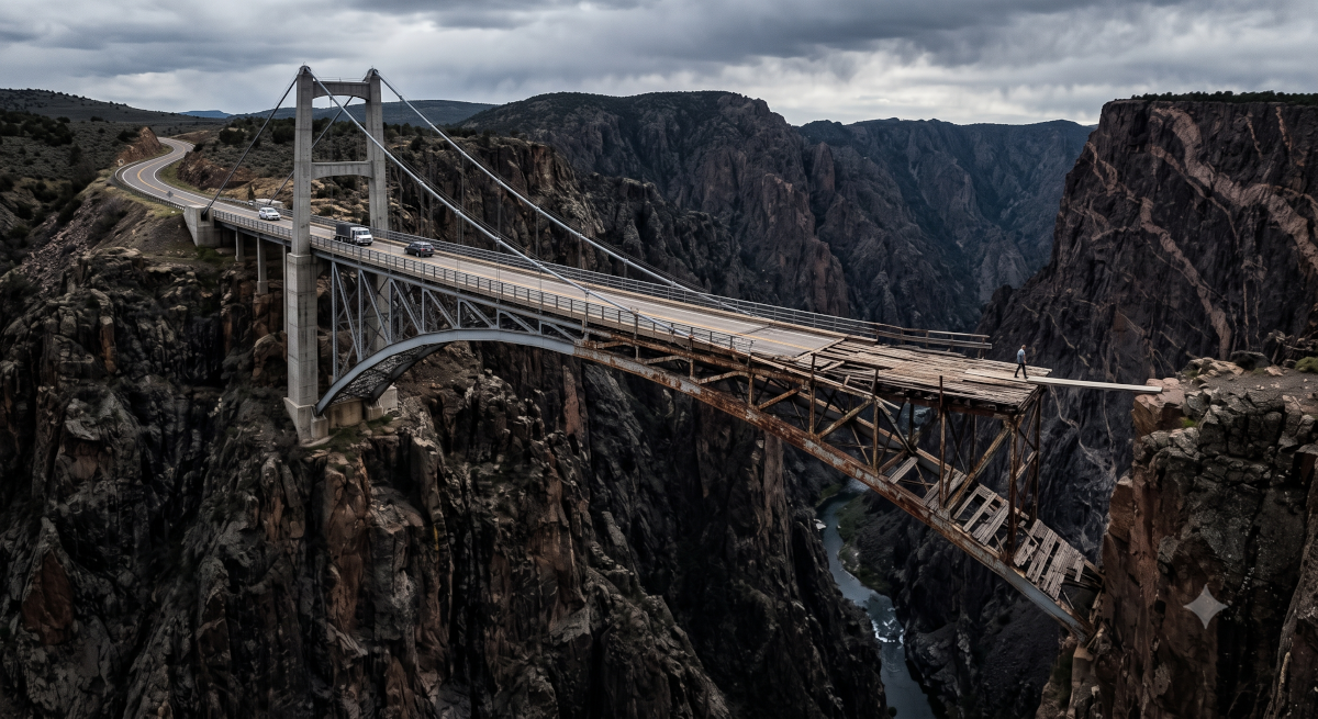 Treacherous canyon with a road leading up to it. Storm clouds are brewing. There is a start of a magnificent bridge that rapidly declines to a rusting steel frame with broken wooden planks, and ends with a single 2x6 wooden plank bridging the final gap. There are stopped cars, one going back, and a man about to walk across the plank.